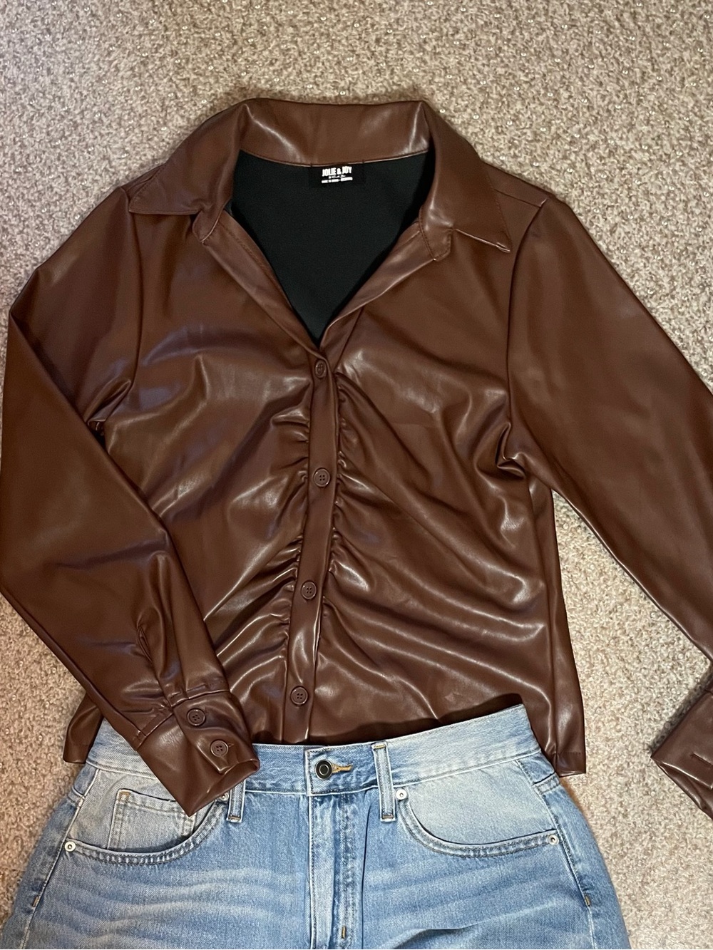Faux Leather Brown Button-Front Shirt
